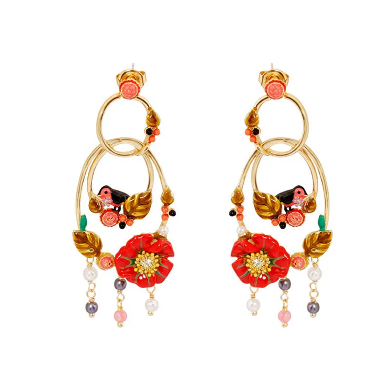 

Warmhome Trendy Original Enamel Glaze Bird Series Trendy Red Flowers Bird Circle Pearl For Women Stud Earrings
