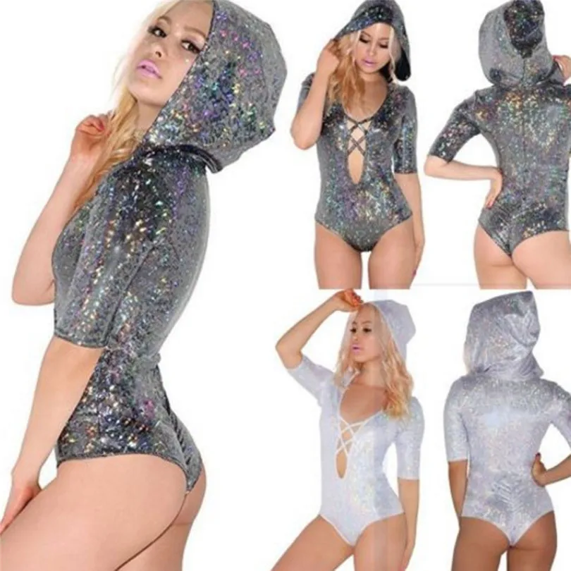 Hooded Bodysuit Sexy Women Bandage Jumpsuit Rompers Shiny Swimwear Deep V Neck Bodysuit Women Bodycon Playsuit Feminino 40APR1117