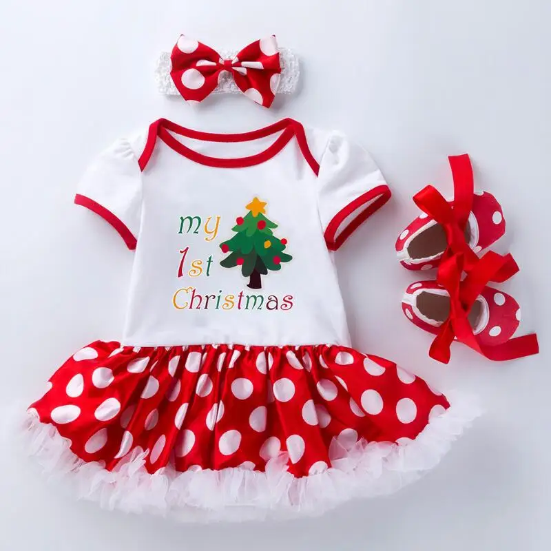 Рождественский комбинезон с рисунком оленя для маленьких девочек, платье+ повязка на голову+ обувь, комплект из 3 предметов, хлопковая одежда с короткими рукавами для новорожденных - Цвет: HS3050-3
