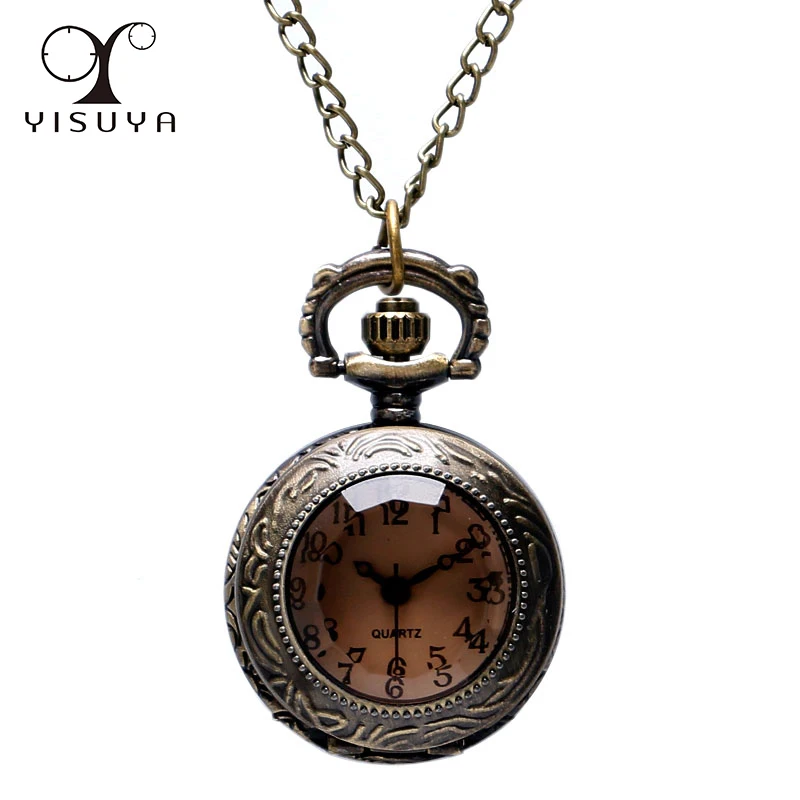

Antique Style Trendy Vintage Copper Pocket Watch Engraving Tea Colored Glass Mini Small Analog Quartz Necklace Chain Gift Bag