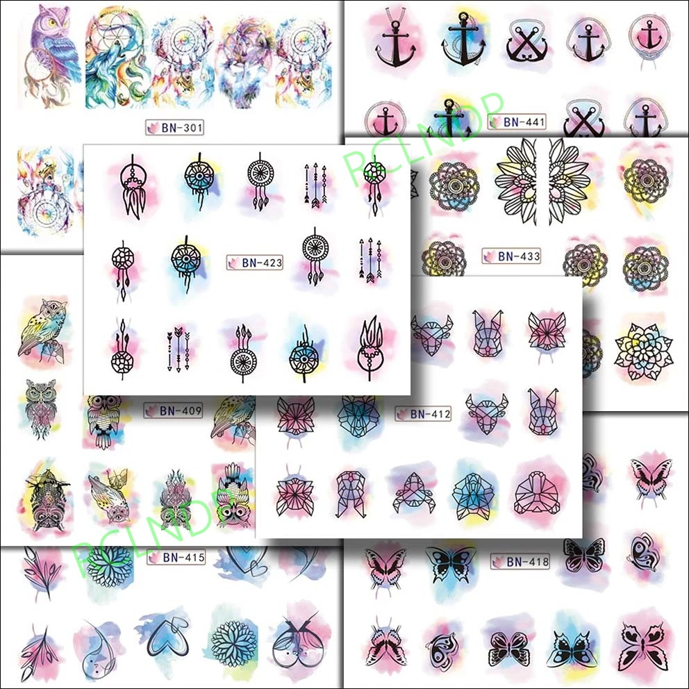 

Water sticker for nail art decoration slider anchor dragon owl mandala rabbit tiger girl design decal lacquer accessoires 7