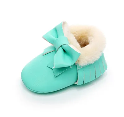 Hongteya/новые зимние теплые меховые сапоги из искусственной кожи; детские мокасины с бантом; детская обувь для новорожденных; ботинки для маленьких девочек - Цвет: blue