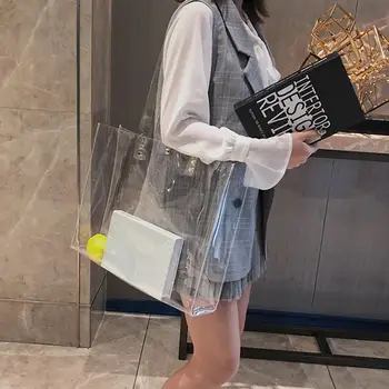 

Fashion Women Transparent Shoulder Bag Studded PVC Large Capacity Tote Pouch