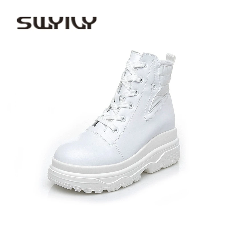 SWYIVY/Женская Белая обувь; ботильоны; бархатная теплая обувь; коллекция года; женская повседневная обувь на платформе в винтажном стиле; женские зимние ботинки из натуральной кожи - Цвет: white fur