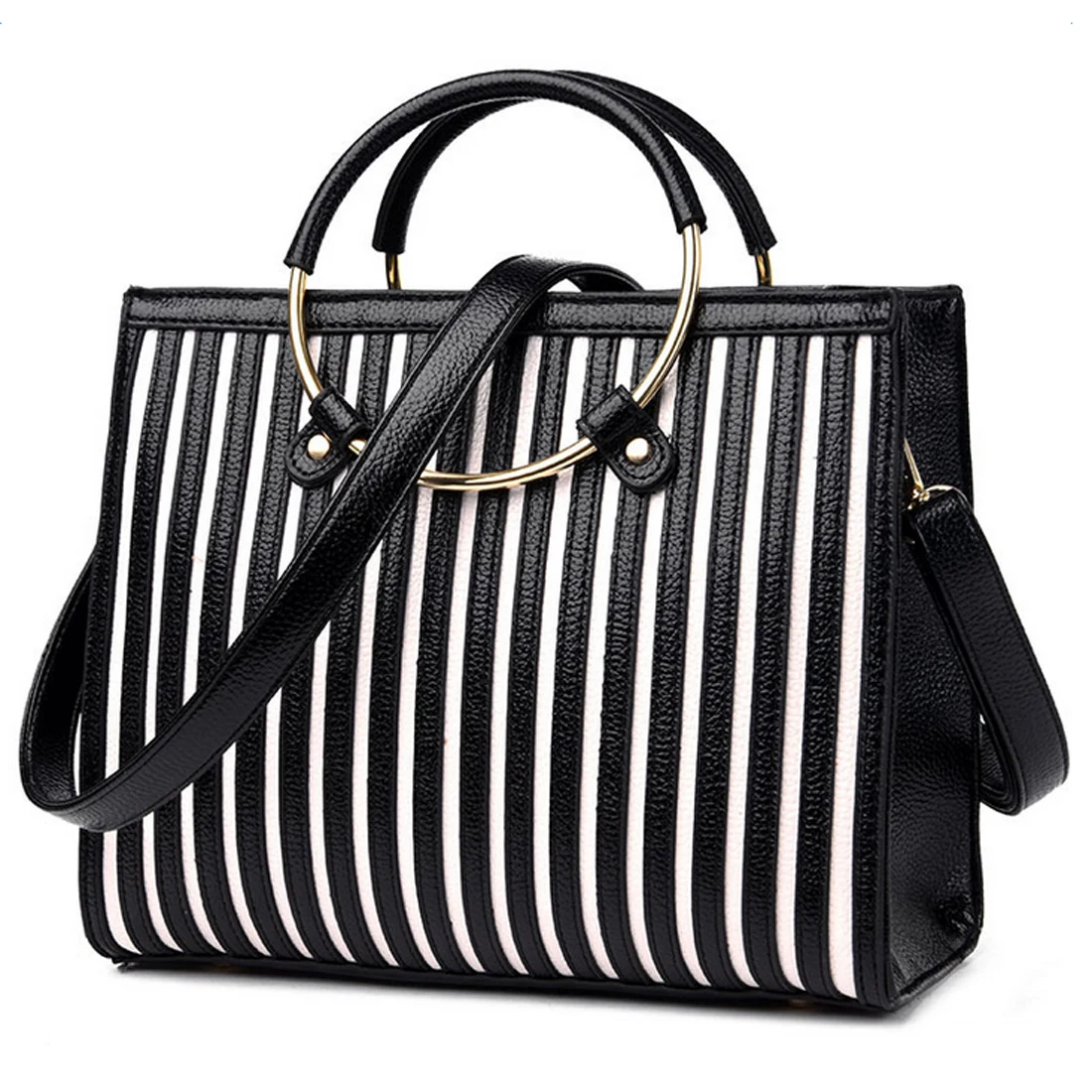 2017 Striped pattern Ring Round handle new fashion brand women tote bag ladies leather shoulder ...