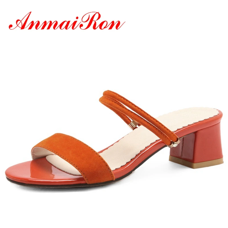 

ANMAIRON Women Med Heels Sandals Shoes Women Big Size 34-47 Summer Open toe Flock Concise Shoes Buckle-strap Thick Heels CR85