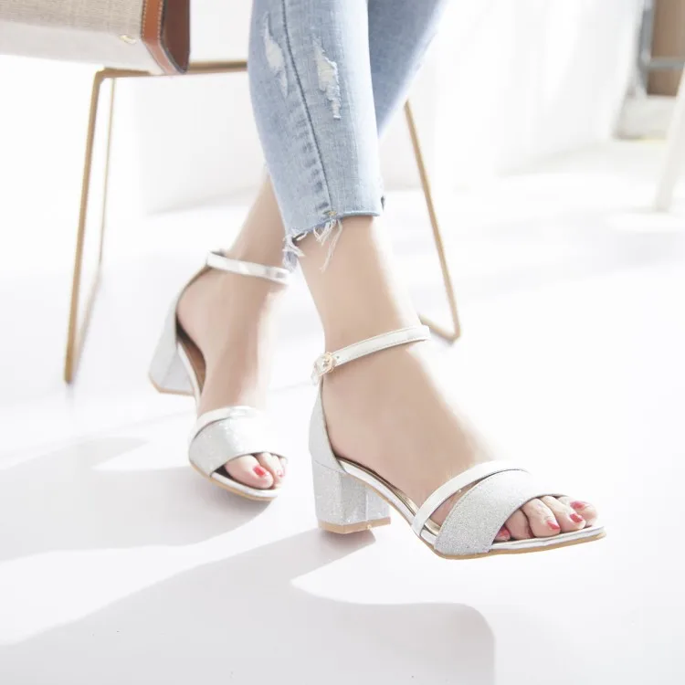 

Big Size 11 12 13 high heels sandals women shoes woman summer ladies Sequined cloth toe bag with medium and thick heel buckle