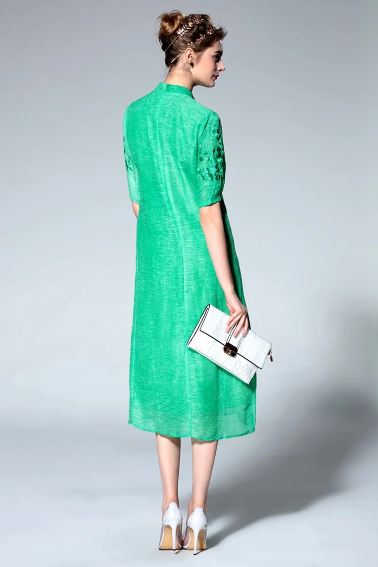 Grey Vintage Embroidery Stand Collar Shift Dress (13)