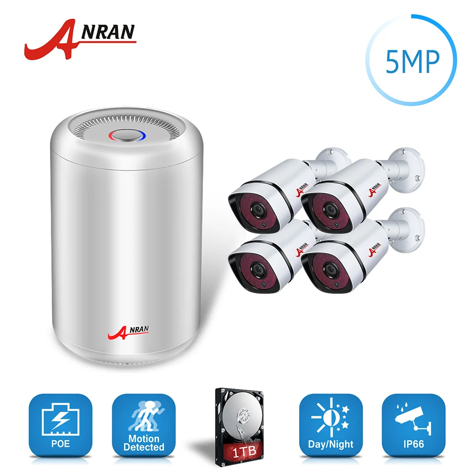 ANRAN CCTV 4CH H.265 NVR 5.0MP HD POE 1920P IR Day Night Vision Waterproof IP POE Camera