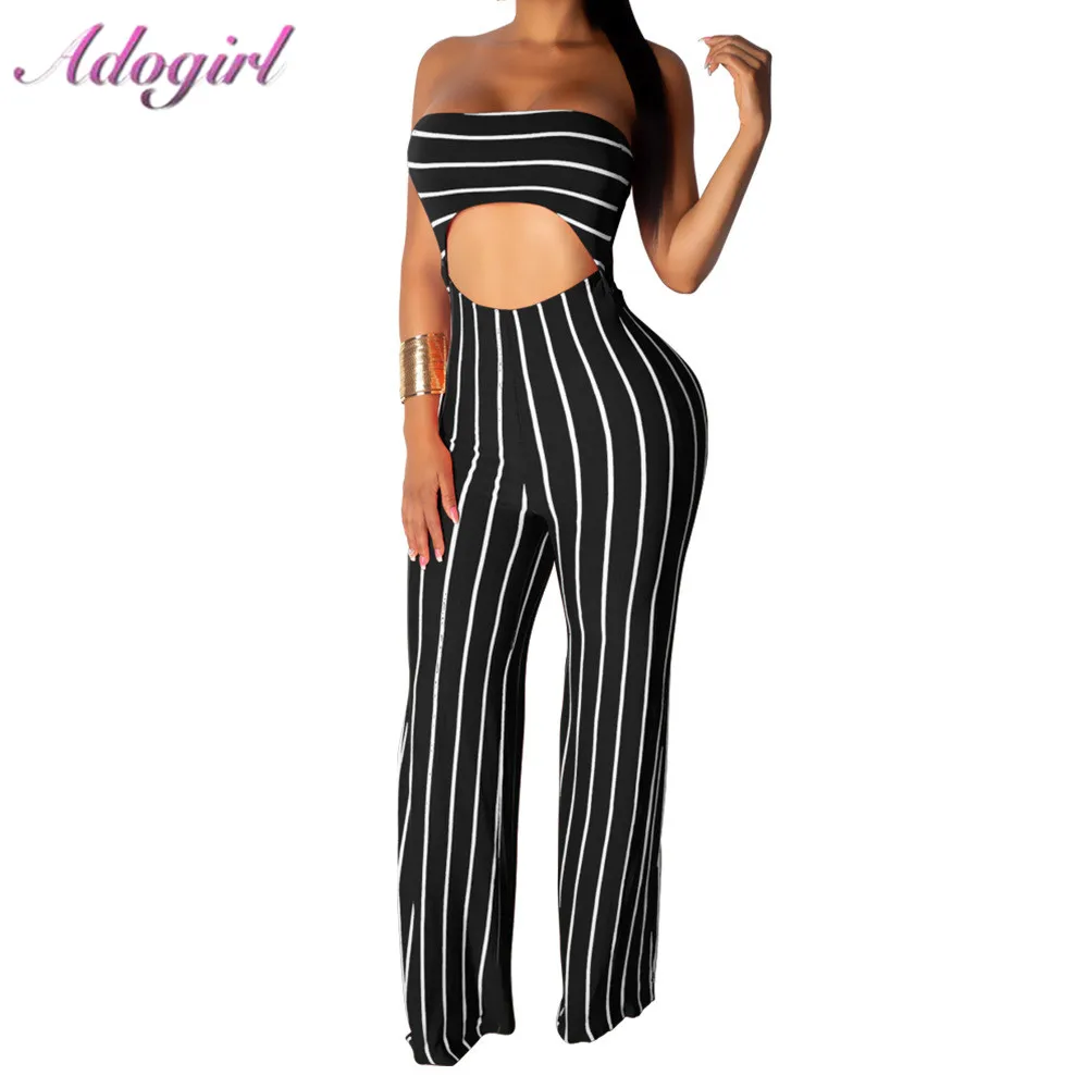 

Casual Stripe Strapless Hollow Out Jumpsuit Women Summer Sexy Party Clubwear Romper Female Overalls Playsuit Lady Office Clothes