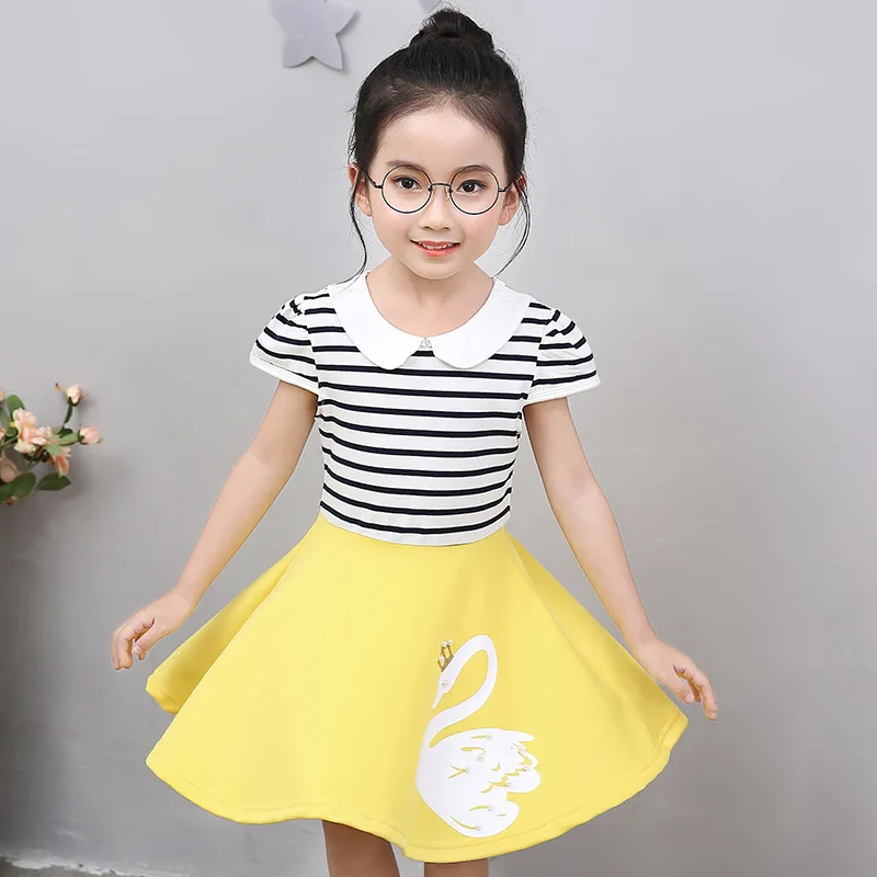 

Summer 2019 New Children's Short-sleeved Printed Cotton Striped Princess Pearl Girls Dress