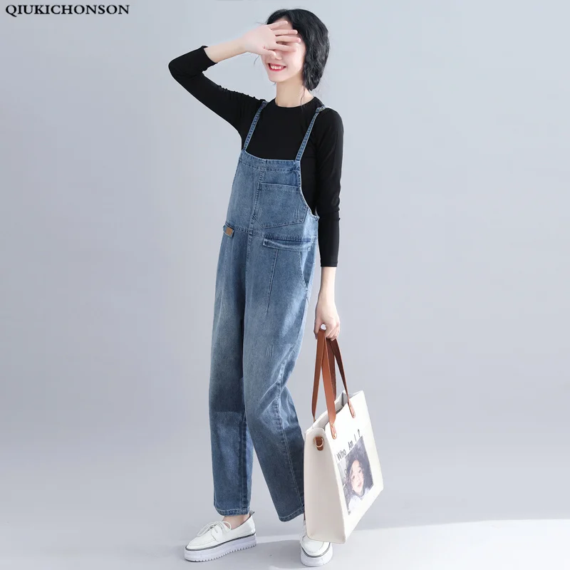 

Qiukichonson High Waist Women Plus Size Jeans Spring Pockets Ripped Loose Overalls Ladies Casual Denim Jumpsuits Long Rompers