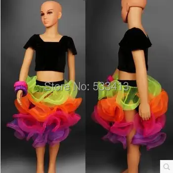 

Children Latin dance costume short sleeves top+colors short skirt 2pcs/suit for child latin dance competition costume set