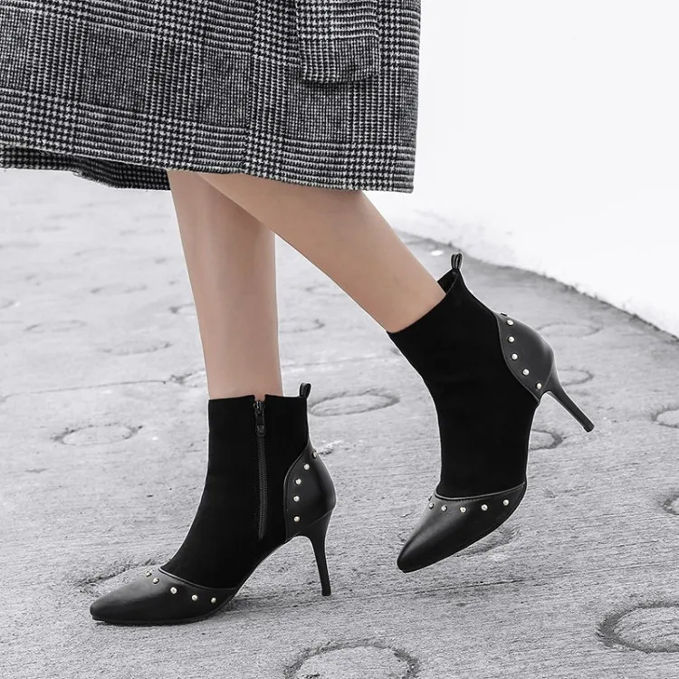 

Big Size 11 12 13 14 15 16 Ma'am Fine heel Short boots Pure color Metal decoration Fashion boot barrel High heel boots