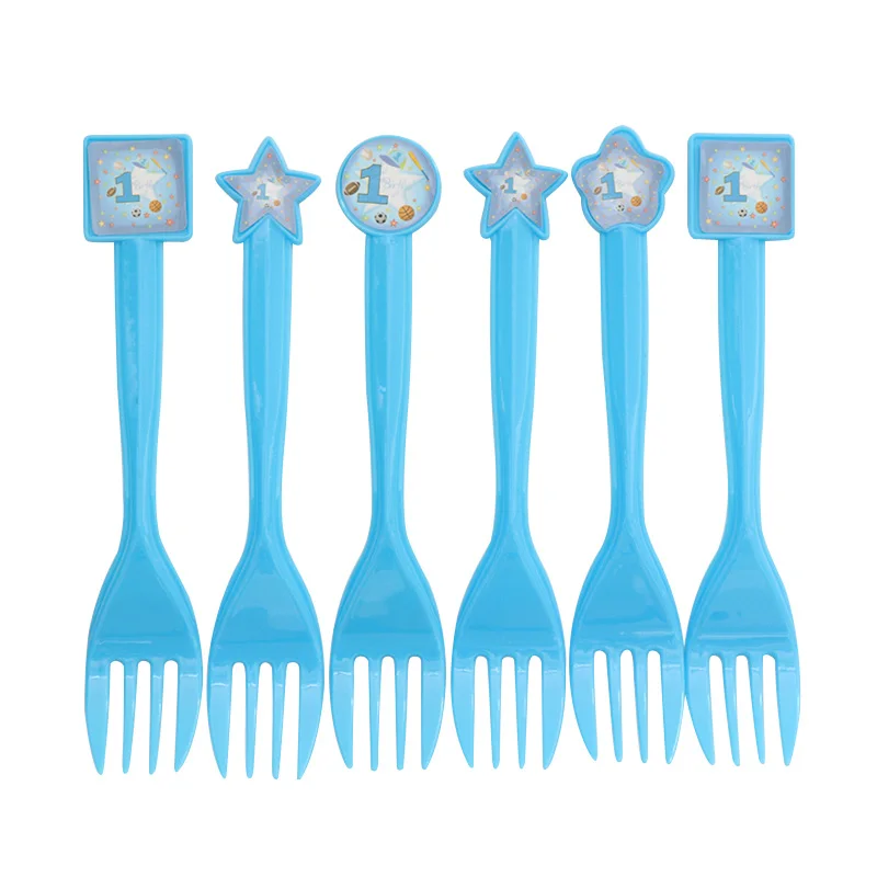 1 Набор бумажных тарелок с днем рождения для детей, чашки для празднования первого дня рождения, детские салфетки, флаги, вечерние столовые приборы - Цвет: Forks X 6pcs