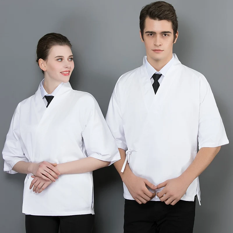 Новая летняя униформа шеф-повара для мужчин и женщин, одежда для кухни, Куртка поварская, двубортная, рукав семь четвертей, униформа для ресторана