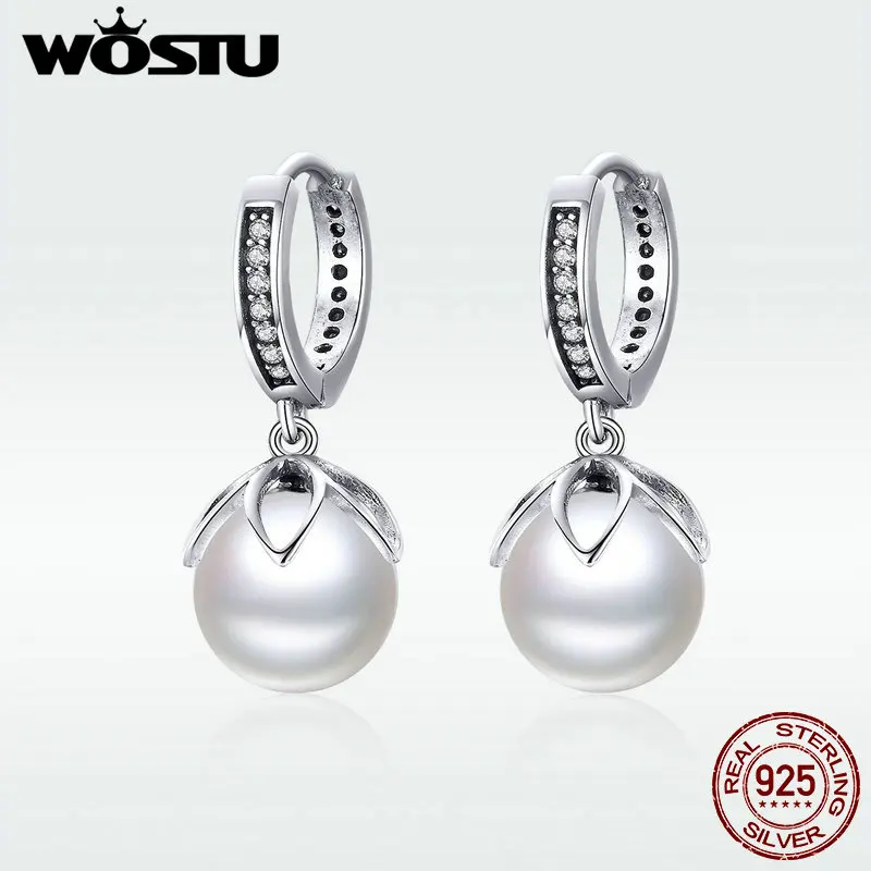 

WOSTU Luxury 925 Sterling Silver Freshwater Pearls Stud Earrings Zircon Silver Earrings For Women Korean Fashion Jewelry DXE482
