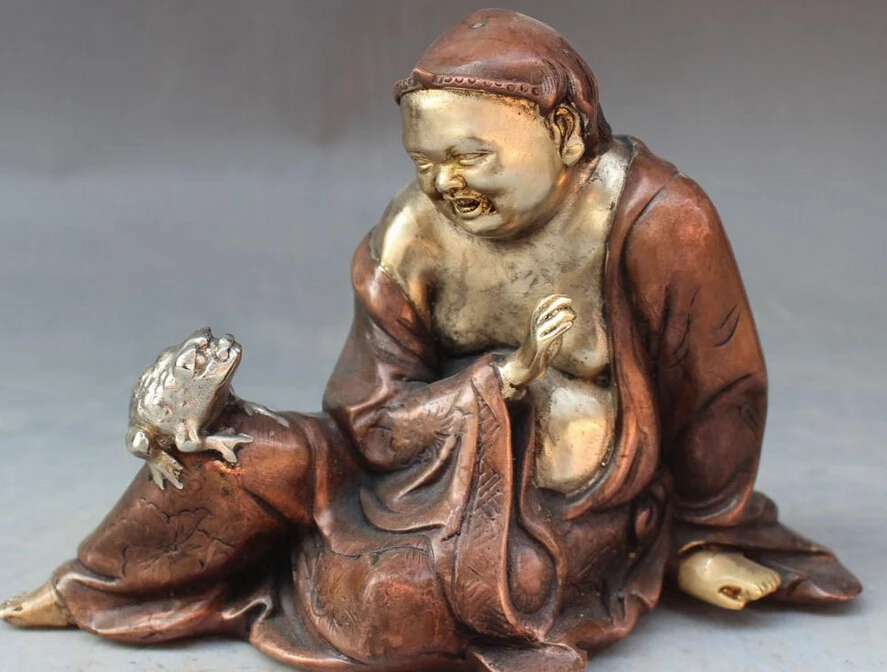 

8" China Purple Copper Gilt Wealth Children kid Toad Spittor Gold Cicada Statue S0708