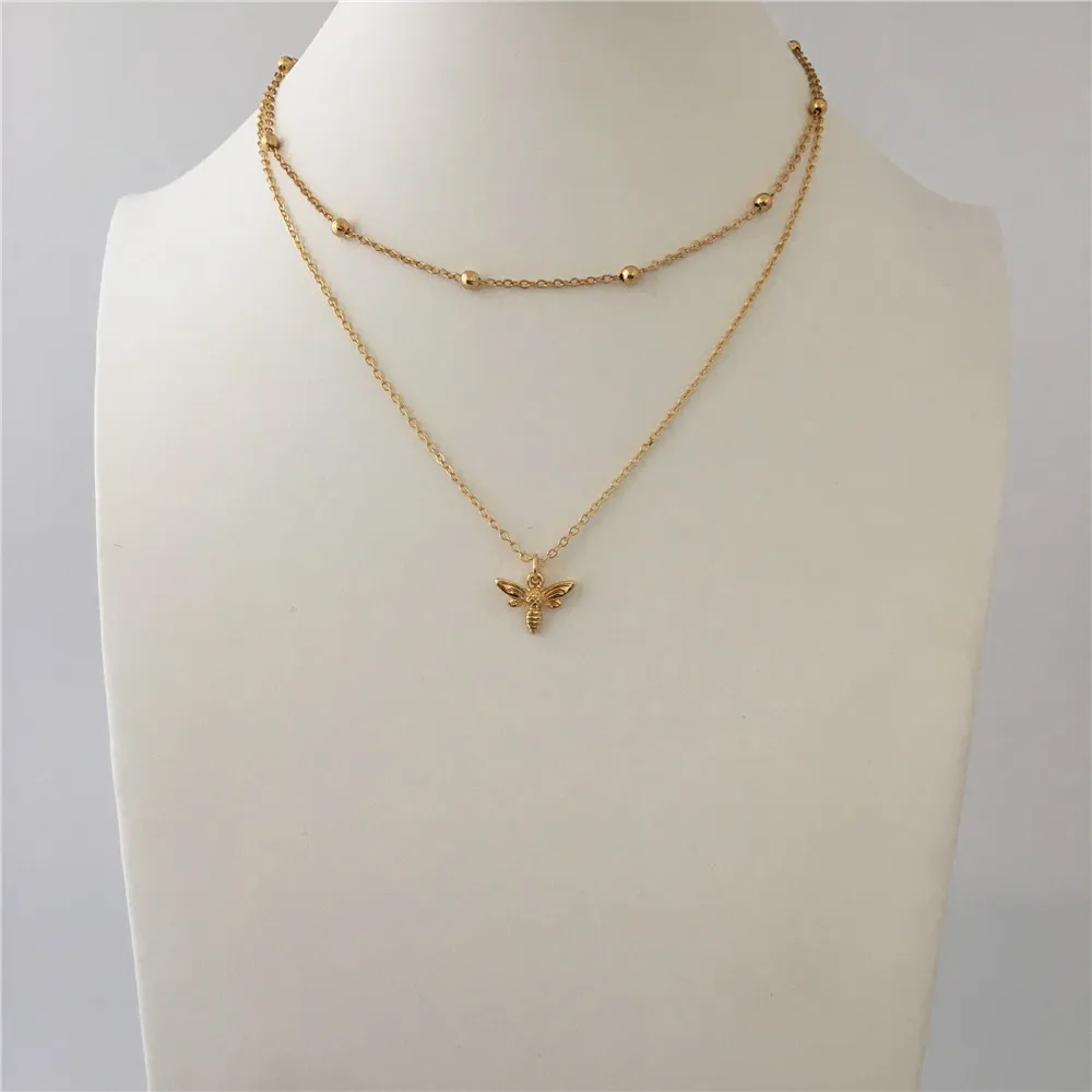 

LOVELY WOMEN NECKLACE GOLD COLOR PLATING BALL CHAIN WITH SMALL HONEYBEE PENDANT LAYERED NECKLACE