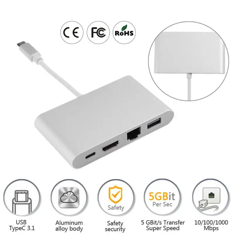 

Super Speed 4 Ports Type-C Hub to HDMI USB 3.1 USB-C RJ45 LAN Network HUB Adapter Extender Converter Cable for Macbook