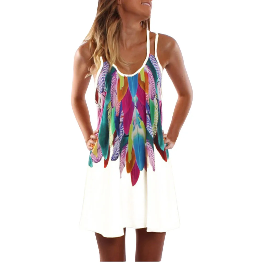 

Women Chiffon Short Dress Summer Sleeveles Feather Printed Boho Dresses CasualO Neck Spaghetti Strap Beach Dress #10