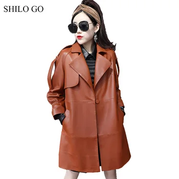 

SHILO GO Leather Trench Womens Spring Fashion sheepskin genuine long coat ruffles shoulder lapel collar England Casual coat