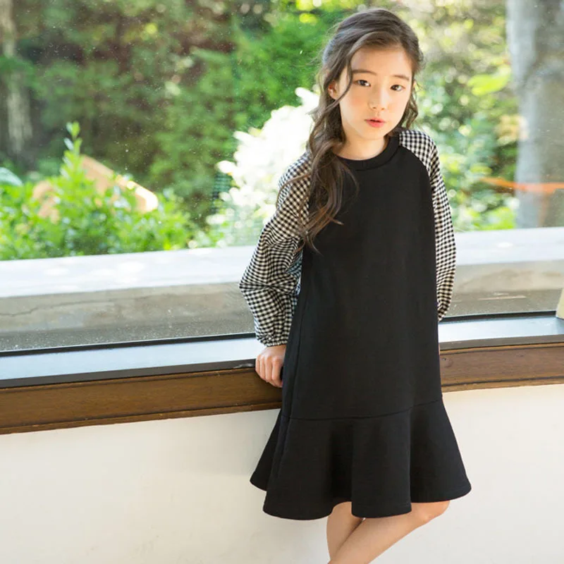 

School Lantern Sleeve Cotton Dress Teenager Girl Plaid Patchwork Kids Dresses For Girls 10 14 12 9 4 Years Autumn Spring Winter