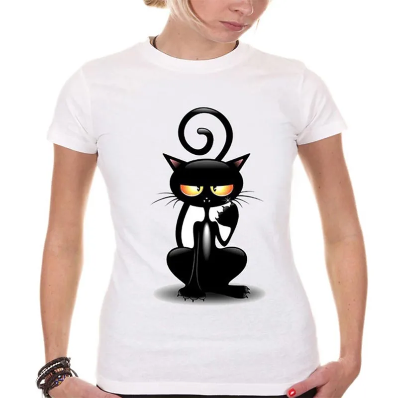 Female Summer Cartoon Black Cat Girls Tee Shirt Lovely Creative Funny