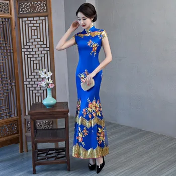 

Elegant Women Handmade Button Qipao Flower Slim Short Sleeve Cheongsam Prom Mermaid Dress Banquet Gowns Plus Size 3XL