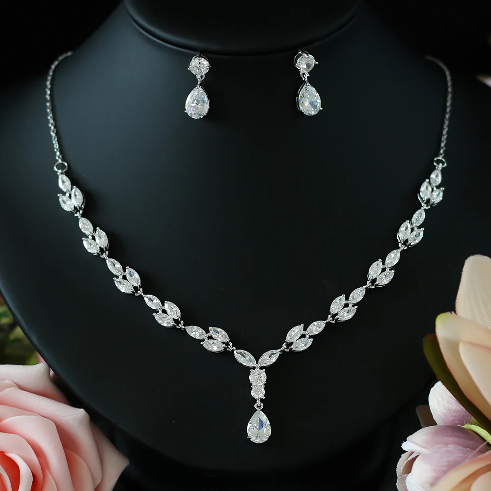 

ASNORA Brand Elegance Glamour AAA cubic zircon droplet crystal earrings necklace set Women's fashion bridal Jewelry Gifts