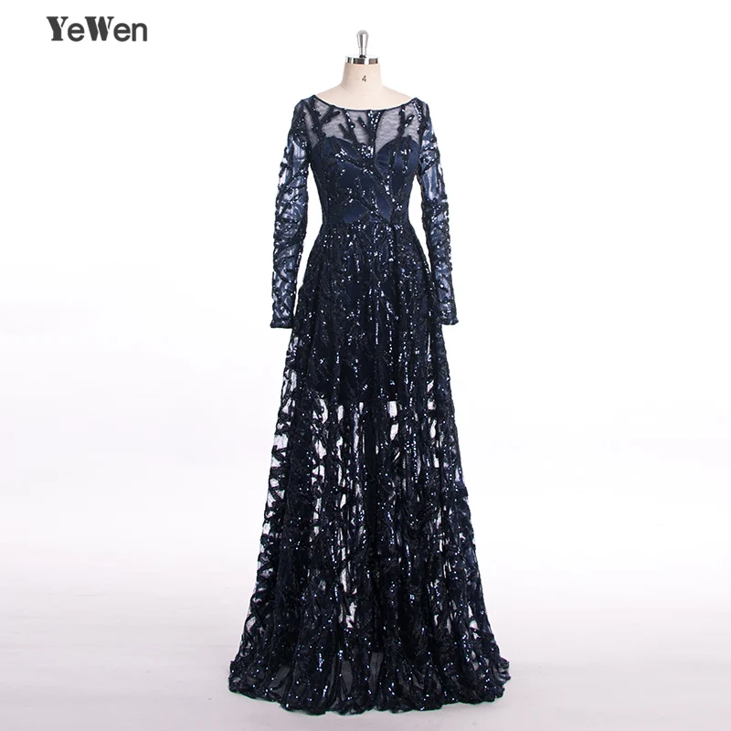 Royal Blue O-Neck Lace Dubai Evening Dresses Long Sleeves Sequin Luxury Party Prom Gown Floor-Length robe de soiree YW100156