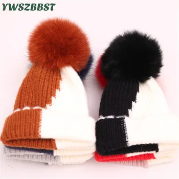 

New Raccoon Fur Pom Pom Ball Crochet Children Beanies Hats Color Matching Knit Warm Hat for Women Men Boys Girls Beanies Caps