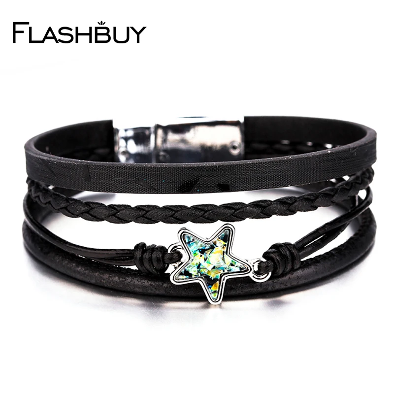 

Flashbuy Fashion Leather Black Star Bracelet For Women Men Multiple Layers Charm Trendy Wrap Bracelet Classic Female Jewelry