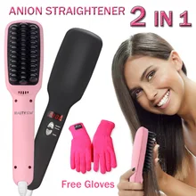 2 in1 Anion Fast Hair Straightener Comb Smooth Brush Hair Straightening Irons Negative Ions Auto LCD Ceramic Hair Straight Brush