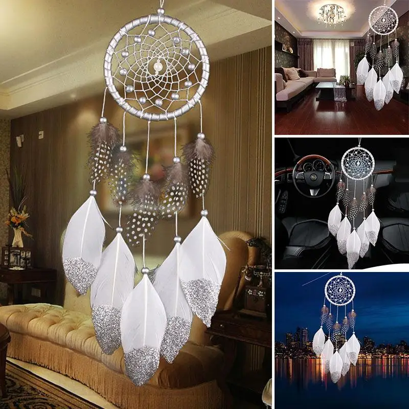 Handmade Feather Silver Bead Dream Catcher Wind Chime Home Office Gift