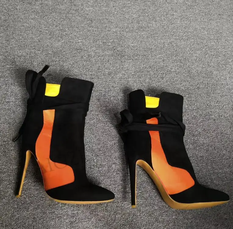 LAIGZEM/ г. ботинки на шпильке ботильоны на высоком каблуке с острым носком зимняя обувь женская обувь Botines Mujer, большие размеры 34-47 - Цвет: LGZ662 Orange