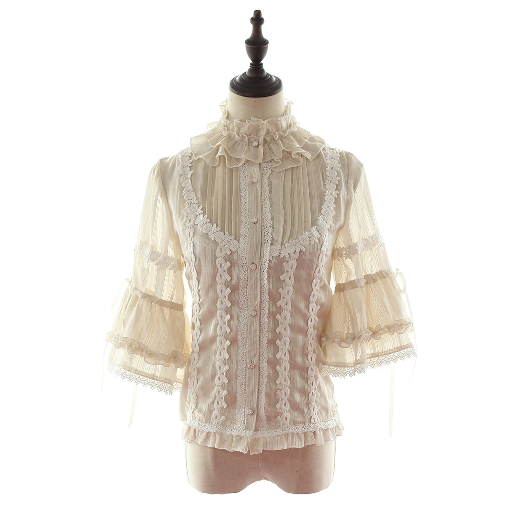 Victorian Sweet Lolita Blouse+Bow Belt+Sleeve Ivory XL