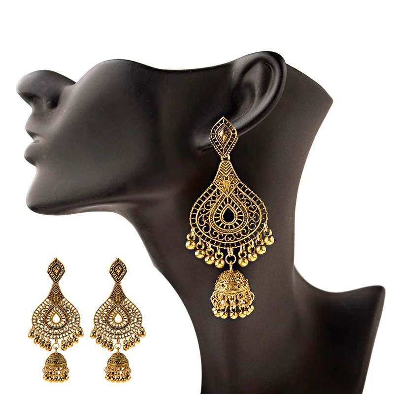 OIQUEI женские индийские серьги Jhumka богемные этнические металлические полые резные