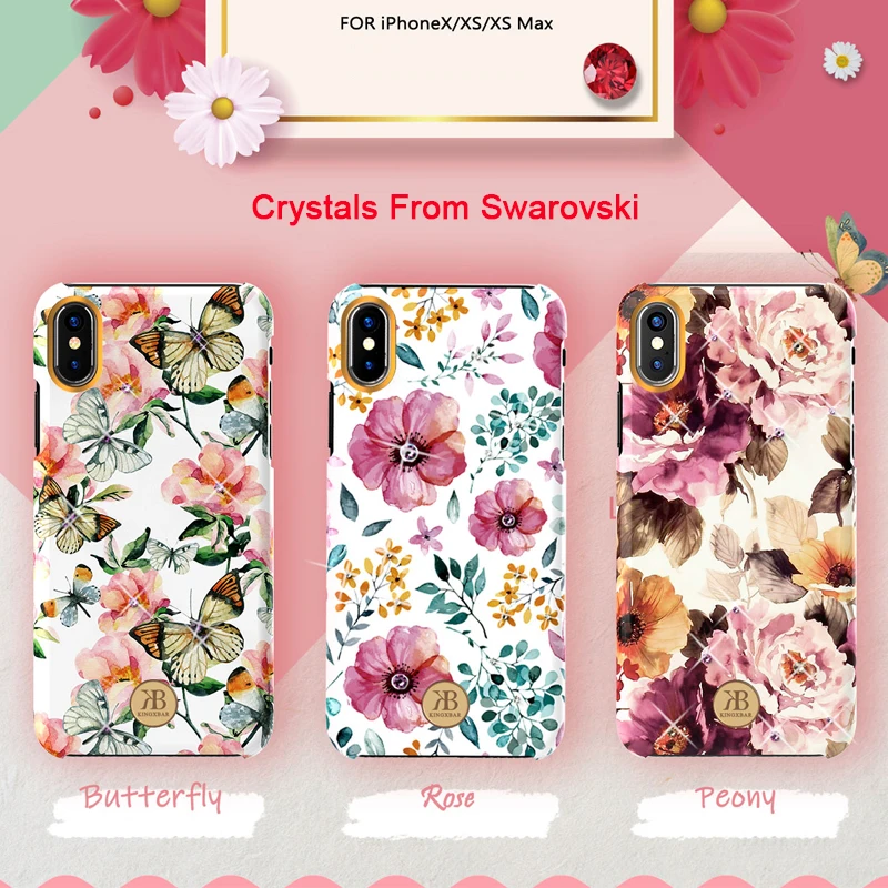 Оригинальный чехол Kingxbar со стразами и цветами для Apple iPhone XS MAX X модный жесткий
