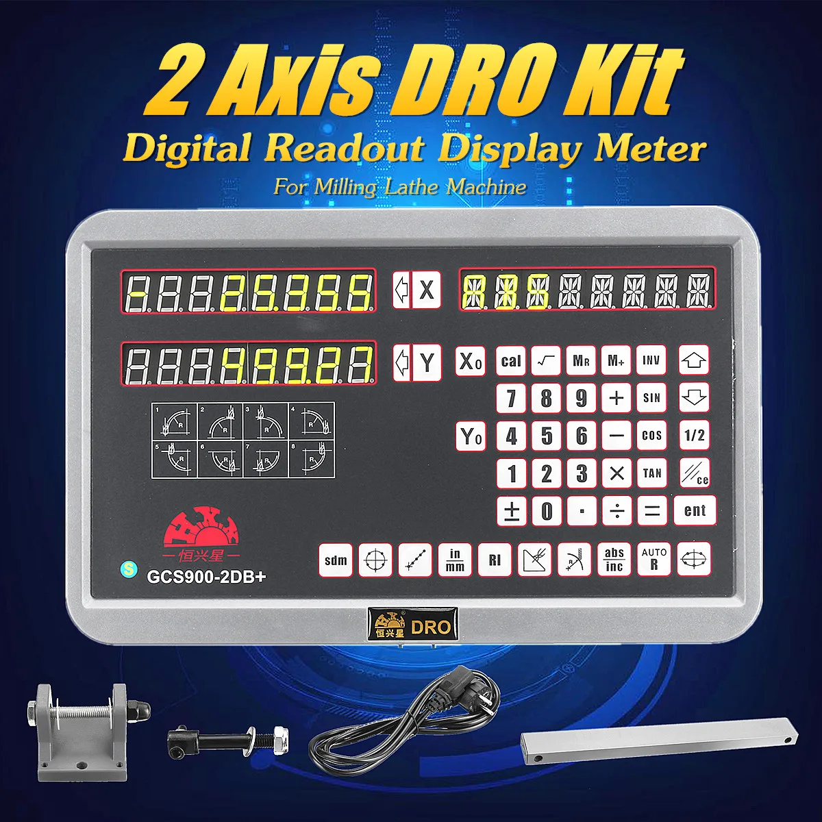 

AC80~264V+-20% 50HZ~60HZ 12VA 2 Axis DRO Digital Readout Display Meter Kit For Milling Lathe Machine EU Plug 8 Digits Display