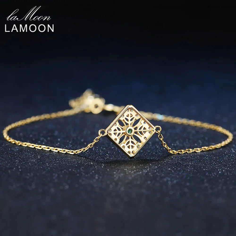LAMOON 14K Yellow Gold Charm Bracelet For Women 0.06ct 100% Natural Emerald S925 Sterling Silver Fine Jewelry Accessory HI003
