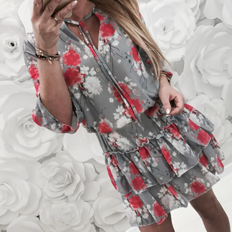 

Summer Dress 2019 New Arrival Ruffles Women Dresses Half Sleeve Casual Retro Print A-Line Dress Vestidos Robe Lantern Sleeve