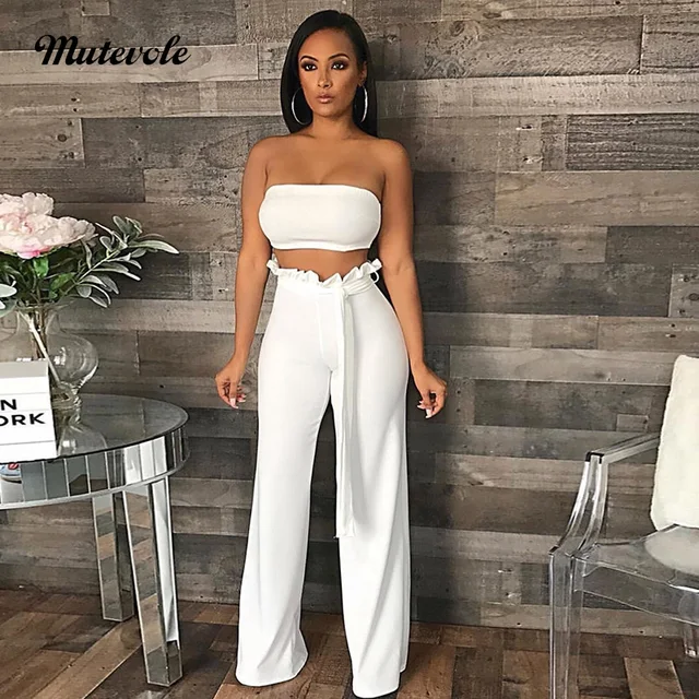 Mutevole Women Sexy Two Piece Pants Set Strapless Crop Top and Pants 2 ...