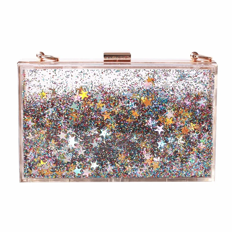 

Transparent Rectangular Liquid Quicksand Acrylic Clutch Evening Bag Women Shoulder Bags Sequins star Party Clear Purse Handbag