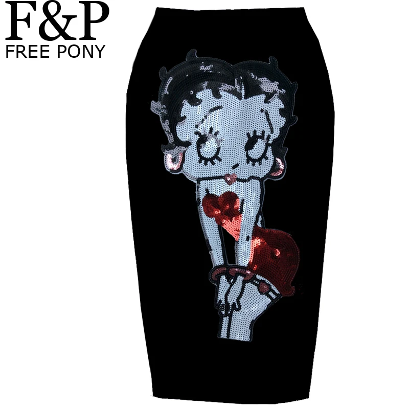 

Punk Rock Gothic Patch Clothing Summer Embroidered Patch Betty Boop Pencil Skirt Vintage Black Summer Women High Waist Skirts