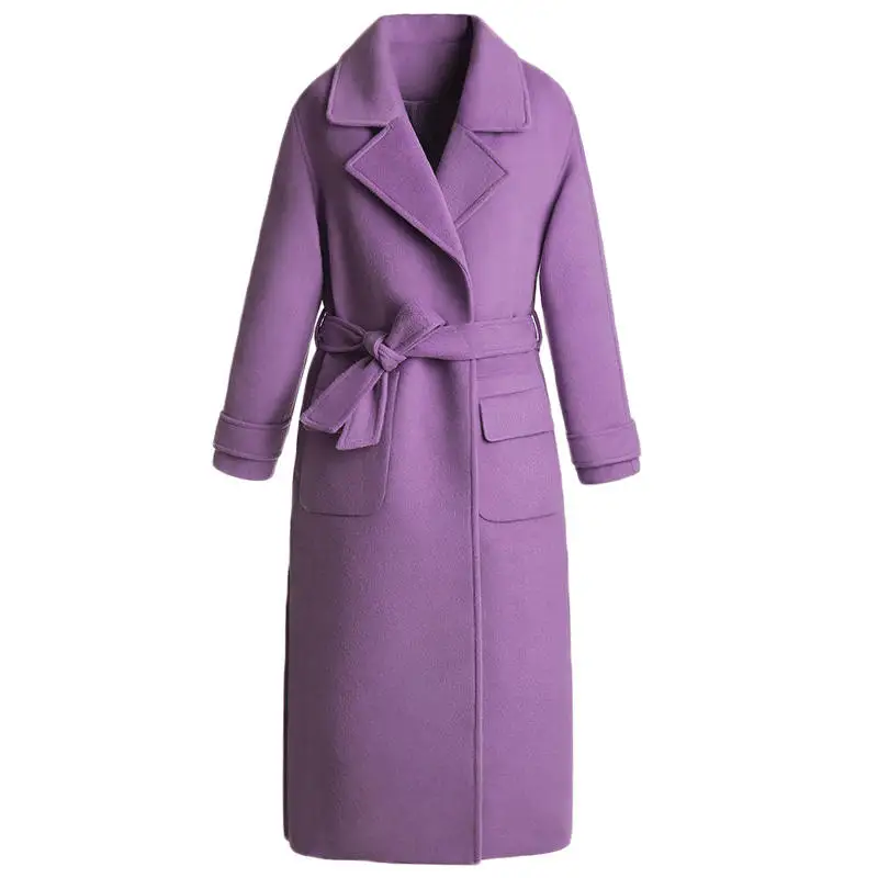 Elegant Women Purple Wool Coat Autumn Winter Thicken Over Knee Long