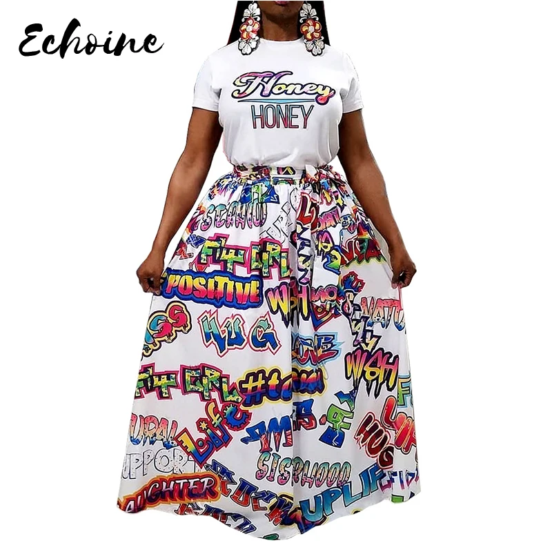 

Echoine Contrast Color Letter Print Casual Women T Shirts Multicolor Letters Graffiti Bandage Bow Big Swing Skirt 2 Pieces Sets