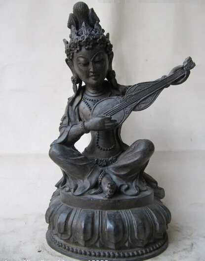 

150401 S0101 Tibet Buddhism 100% pure bronze Copper Sit lute Fairies Kwan-Yin Buddha statue