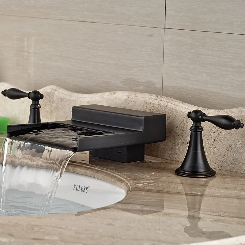 Oil Rubbed Bronze Width Waterfall Spout Widespread Bathroom Sink Basin Faucet Dual Handles Basin Mixer Tap