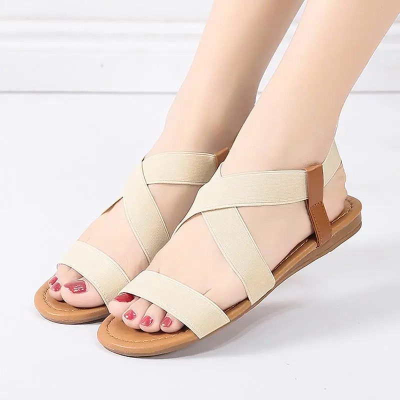 

Sandals female 2019 new elastic flat women sandals comfortable mixed color shoes woman outdoor back strap women shoes plus size